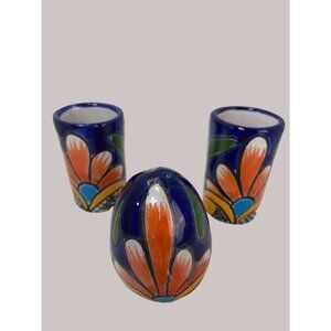 Talavera Tequila Bar Ware 2 Shot Glasses Jiggers Salt Shaker Handpainted Mexican